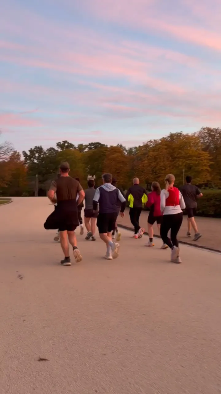 Die Gruppe von hinten im Großen Garten bei Sonnenuntergang